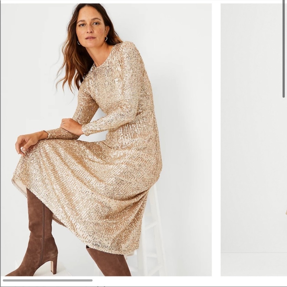 Ann Taylor Gold Sequin Long-Sleeve Midi Dress - Picture 3 of 5